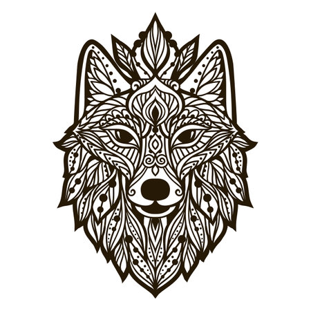 Wolf mandala. Vector illustration. Adult coloring page. Spiritual Animal in Zen boho style. Sacred, Peaceful. Tattoo tribal print. Black and whiteのイラスト素材