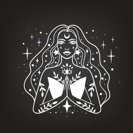 Fairy girl with space hair. Astrology and astronomy Business concept, fortune tellers, predictions, horoscope. Logo vector illustration. Witchcraft, spirituality.Monochromeのイラスト素材