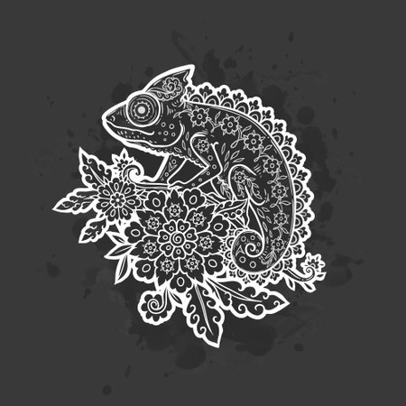 Chameleon mandala. Animal Vector illustration Ornamental flower in Zen boho style. Antistress lizard drawing. Black and Whiteのイラスト素材
