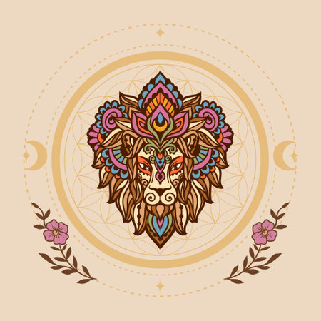 Lion mandala retro. Vector illustration. Flower Ethnic drawing. Leo animal nature in Zen boho style. Coloring page, hippie styleのイラスト素材