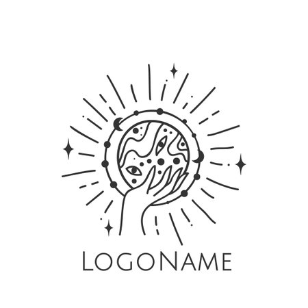 Hand line art vector design, hand drawn celestial boho logo or emblem. Magic Symbol for decoration cosmetics, market and packaging or beauty productsのイラスト素材