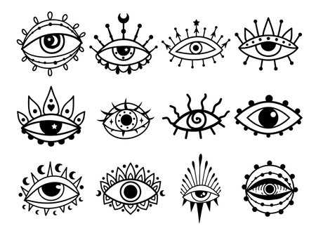 Eye boho. Lineart Vector illustration. Flower moon , Magic celestial witchcraft symbol. Masonic symbol. Hand drawn logo or emblemのイラスト素材
