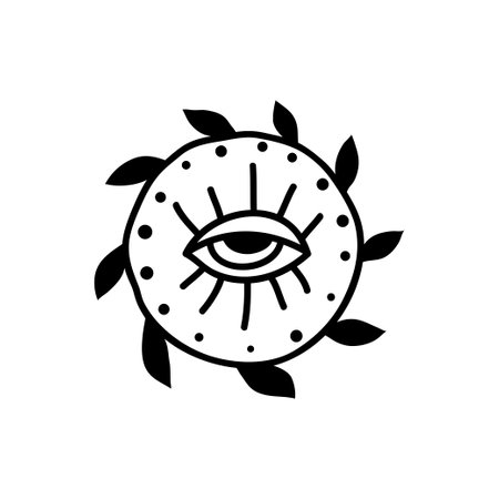 Eye boho. Lineart Vector illustration. Flower moon , Magic celestial witchcraft symbol. Masonic symbol. Hand drawn logo or emblemのイラスト素材