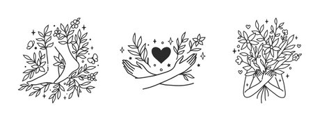 A woman holds a bouquet of flowers and leaves. Walk barefoot. Self care concept. Vector illustration. Doodle cute styleのイラスト素材