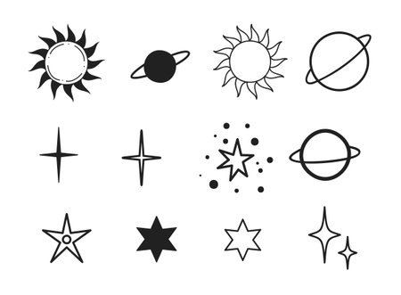 Celestial objects set. Moon, sun, stars, planets, clouds Lineart Vector illustration Mysticism and esotericのイラスト素材