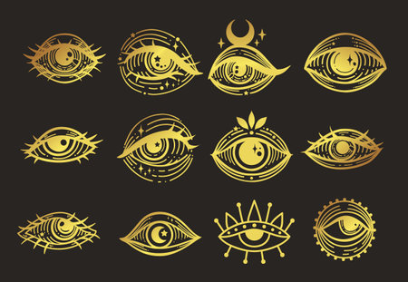 Evil eye set. Eye of Providence. Lineart Vector illustration. Magic celestial witchcraft symbol. Masonic symbol. Hand drawn logo or emblem goldのイラスト素材