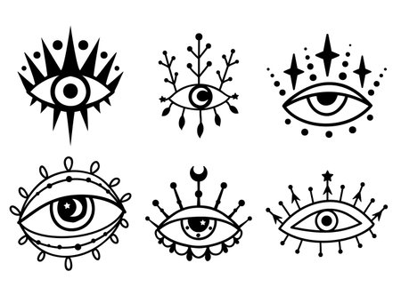 Eye boho. Lineart Vector illustration. Flower moon , Magic celestial witchcraft symbol. Masonic symbol. Hand drawn logo or emblemのイラスト素材