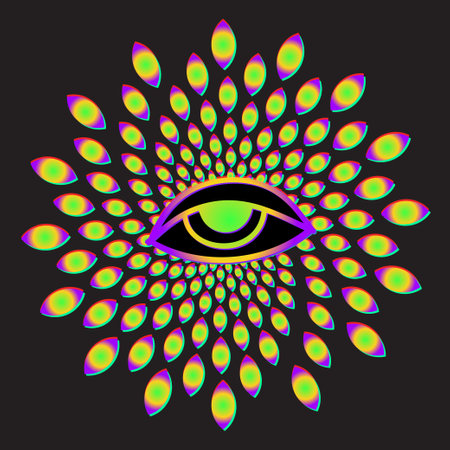 Eye optical illusion psychedelic. Lineart Vector illustration. Magic celestial witchcraft symbol. Masonic symbol. Hand drawn logo or emblemのイラスト素材
