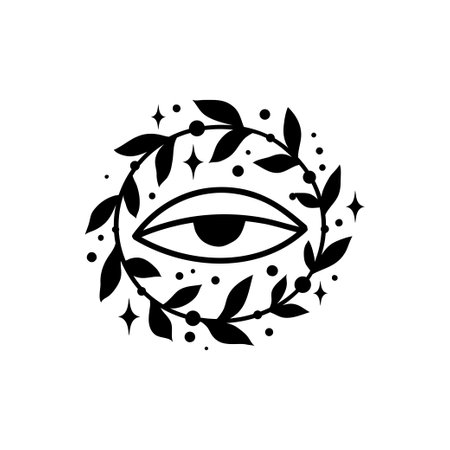 Eye boho. Lineart Vector illustration. Flower moon , Magic celestial witchcraft symbol. Masonic symbol. Hand drawn logo or emblemのイラスト素材