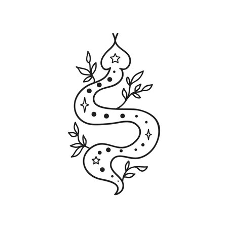 Snake vector illustration, hand drawn celestial boho line art logo, mystic moon tattoo elements for decoration.のイラスト素材