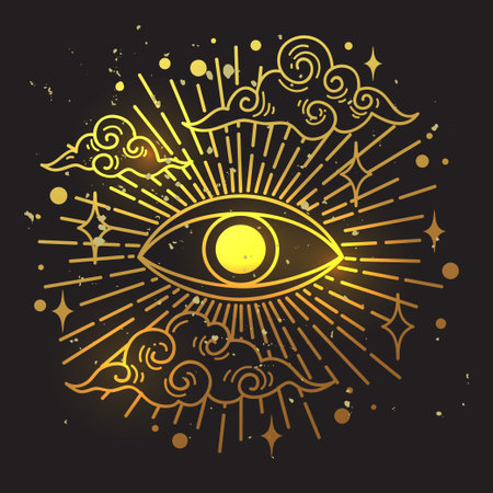 Evil eye gold. Eye of Providence. Lineart Vector illustration. Magic witchcraft symbol. Masonic symbol. Hand drawn logo or emblemのイラスト素材