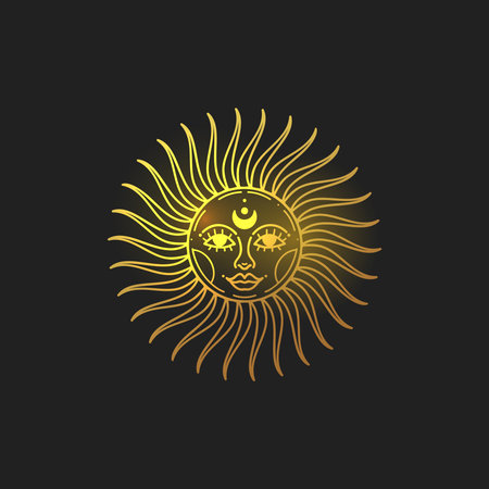 Sun gold vector illustration, hand drawn celestial boho line art logo, icons and symbol mystic moon tattoo elements for decoration.のイラスト素材