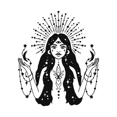 Fairy girl with space hair. Astrology and astronomy Business concept, fortune tellers, predictions, horoscope. Logo vector illustration. Witchcraft, spirituality. Coloring bookのイラスト素材