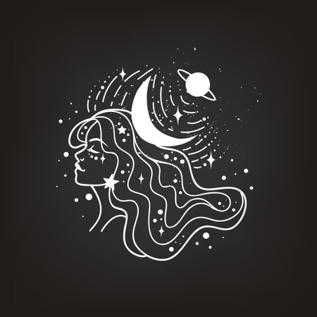 Fairy girl with space hair. Astrology and astronomy Business concept, fortune tellers, predictions, horoscope. Logo vector illustration. Witchcraft, spirituality.Monochromeのイラスト素材