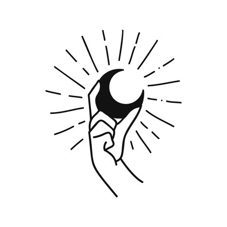 Hand moon lineart vector design, hand drawn celestial boho logo or emblem. Magic Symbol for decoration cosmetics, market and packaging or beauty productsのイラスト素材