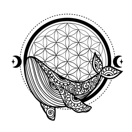 Whale mandala. Vector illustration. Adult coloring page. Whale sea animal in Zen boho style. Peaceful marine. spiritual, flower of lifeのイラスト素材