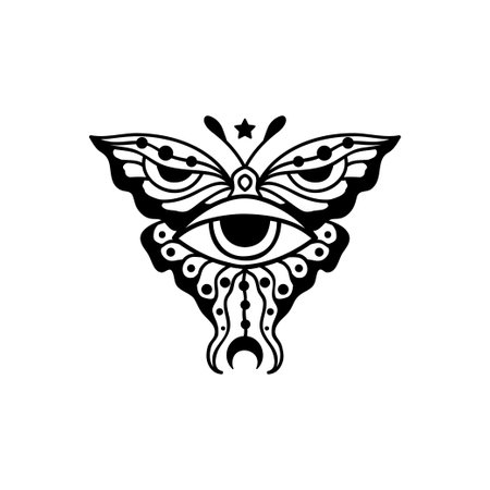 butterfly Eye boho. Lineart Vector illustration. Flower moon , Magic celestial witchcraft symbol. Masonic symbol. Hand drawn logo or emblemのイラスト素材