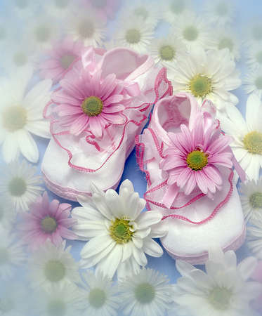 still life with a baby shoes surounded by flowersの写真素材