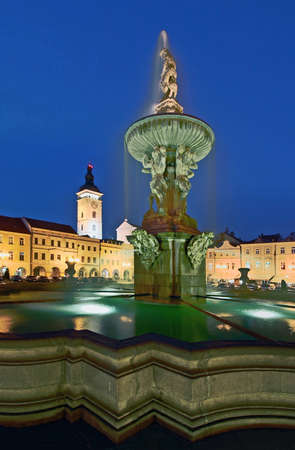 Ceske Budejovice night view to the main square with Samson fountainの写真素材