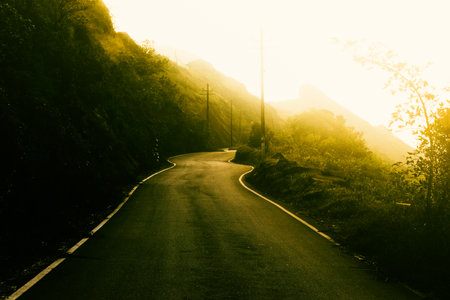 Fog covered dark road passing through the hillsの写真素材