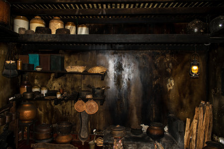 Vintage kitchen interior, with antique cookware ware sets.の写真素材