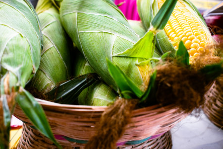 Group of fresh corns on a wicker basket, closeup shot.の写真素材