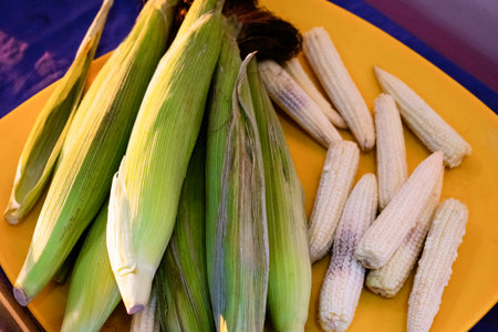 Group of baby corns with and without husk on a plate. closeup shot.の写真素材