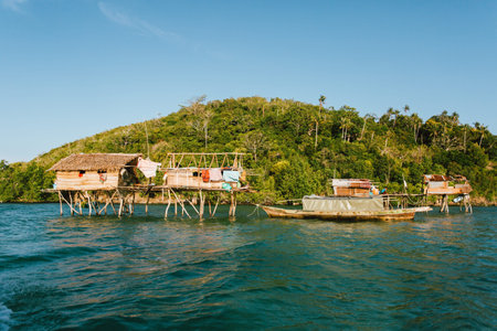 Semporna, Sabah, Malaysia - 26 April 2020 - Sea gypsies house by the seaのeditorial素材