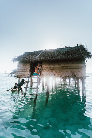 Semporna, Sabah, Malaysia - 26 April 2020 - Sea gypsies house by the seaのeditorial素材