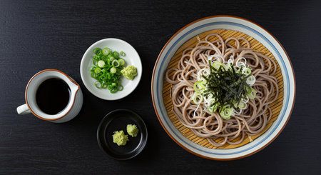 Japanese udon noodles with seaweed and green onions on black backgroundの素材