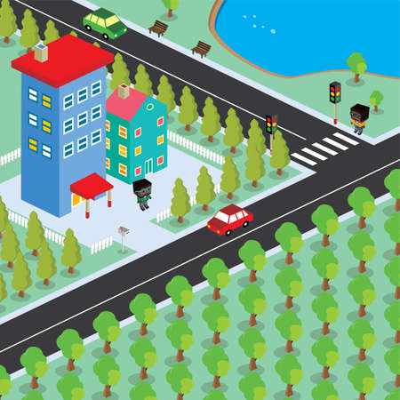 isometric residential view cartoon theme vector illustrationのイラスト素材