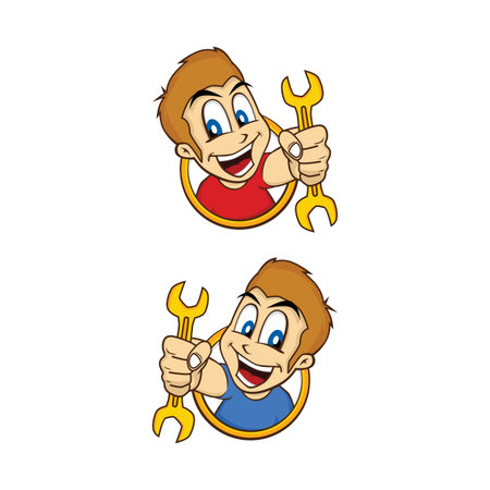 happy guy smile cartoon holding mechanic tool theme vector art illustrationのイラスト素材