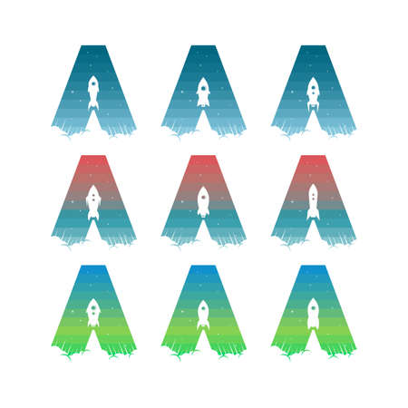 rocket ship launch space travel alphabet initial set vectorのイラスト素材