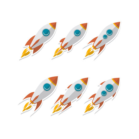 rocket ship sticker label badge flat design vector art setのイラスト素材