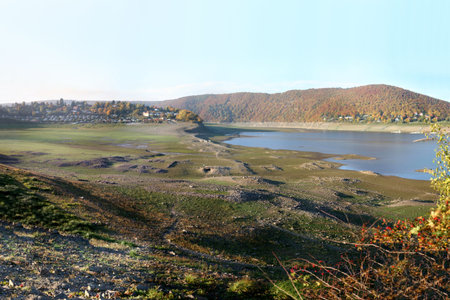 Reservoir lake Edersee in Germany. Old ruins of the village Bringhausen that had been 1914 flooded. 230 people had to leave their homes. The photos was taken 2008 (Sep./12) while low water, 23 meters under top water level.の写真素材