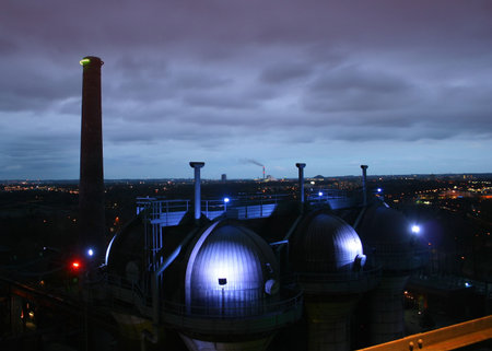 Landschaftspark Nord  old illuminated industrial ruins in the German Ruhr area city Duisburgの写真素材