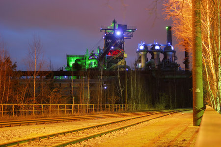 Landschaftspark Nord  old illuminated industrial ruins in the German Ruhr area city Duisburgの写真素材