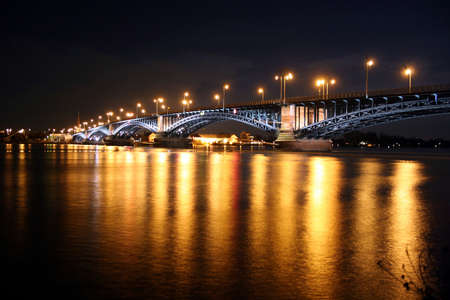 Rhine bridge Theodor-Heuss-Brücke between the german cities Mainz and Wiesbaden at nightの写真素材