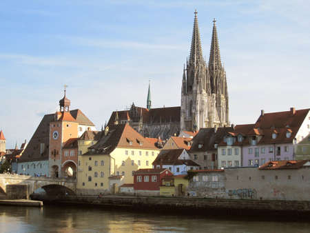 Cathedral and river Danube in Regensburg, Germanyの写真素材