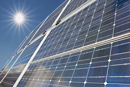 Solar panels with shafts of sunlight