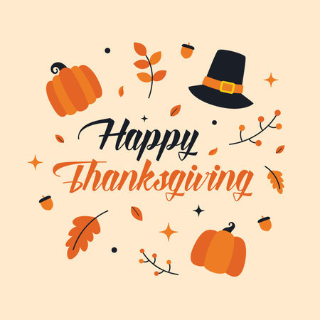 Thanksgiving greeting design with festive text, pumpkins, autumn leaves, and pilgrim hat ideal for seasonal cards, banners, and holiday promotions.のイラスト素材