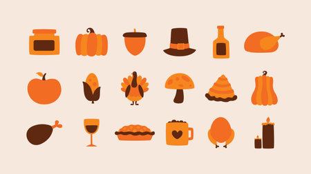 Minimalist and simple Thanksgiving element set featuring seasonal objects like pumpkins, roasted turkey, and pilgrim hat with warmth colors of autumn suitable for digital stickers.のイラスト素材