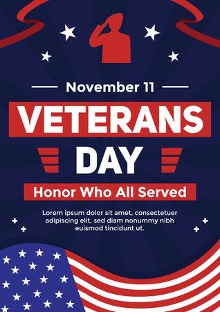 Patriotic Veterans Day poster featuring a saluting soldier silhouette and American flag suitable for military appreciation campaigns, digital ads, and more.のイラスト素材