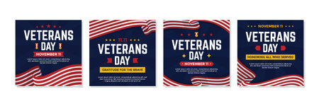 Set of Veterans Day graphics template featuring patriotic colors, stars, stripes, and military themed elements Ideal for social media posts, and event promotions.のイラスト素材