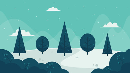 Minimalist winter forest landscape flat illustration featuring trees and snowflakes against clear sky with soft clouds perfect for seasonal background and Christmas.のイラスト素材