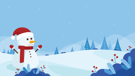 Winter landscape flat illustration featuring a smiling snowman in red Santa hat and mittens standing on a snow hill with pine trees and blue sky with snowflakes.のイラスト素材