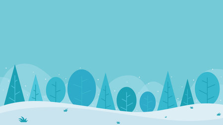 Minimalist and clean winter landscape with stylized trees illustration against soft blue sky suitable for seasonal designs, December events, and Christmas.のイラスト素材