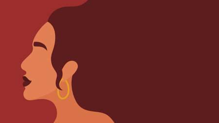 Woman side profile flat illustration with hair as copy space for text on horizontal background. Woman background illustration perfect for International Women's Day and other eventsのイラスト素材