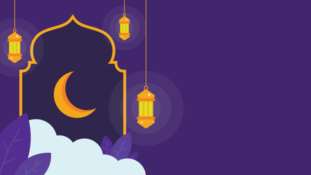 Islamic purple horizontal template background featuring mosque dome shape object with crescent moon in it and some copy space for text perfect for religious events.のイラスト素材