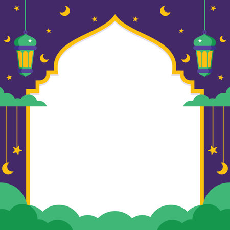 Colorful Islamic copy space featuring crescent moon and lanterns against a purple square background, perfect for Islamic events.のイラスト素材
